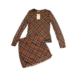 Crown of hearts Plaid Brown Outfit 2PC Set Long Sleeve Top Skirt Girls S NWT